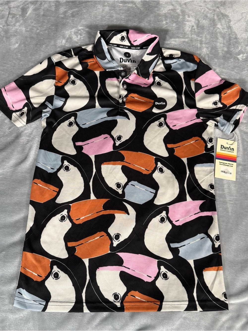 Duvin Design Toucan Print Polo Shirt Mens Small Stretch Art NEW